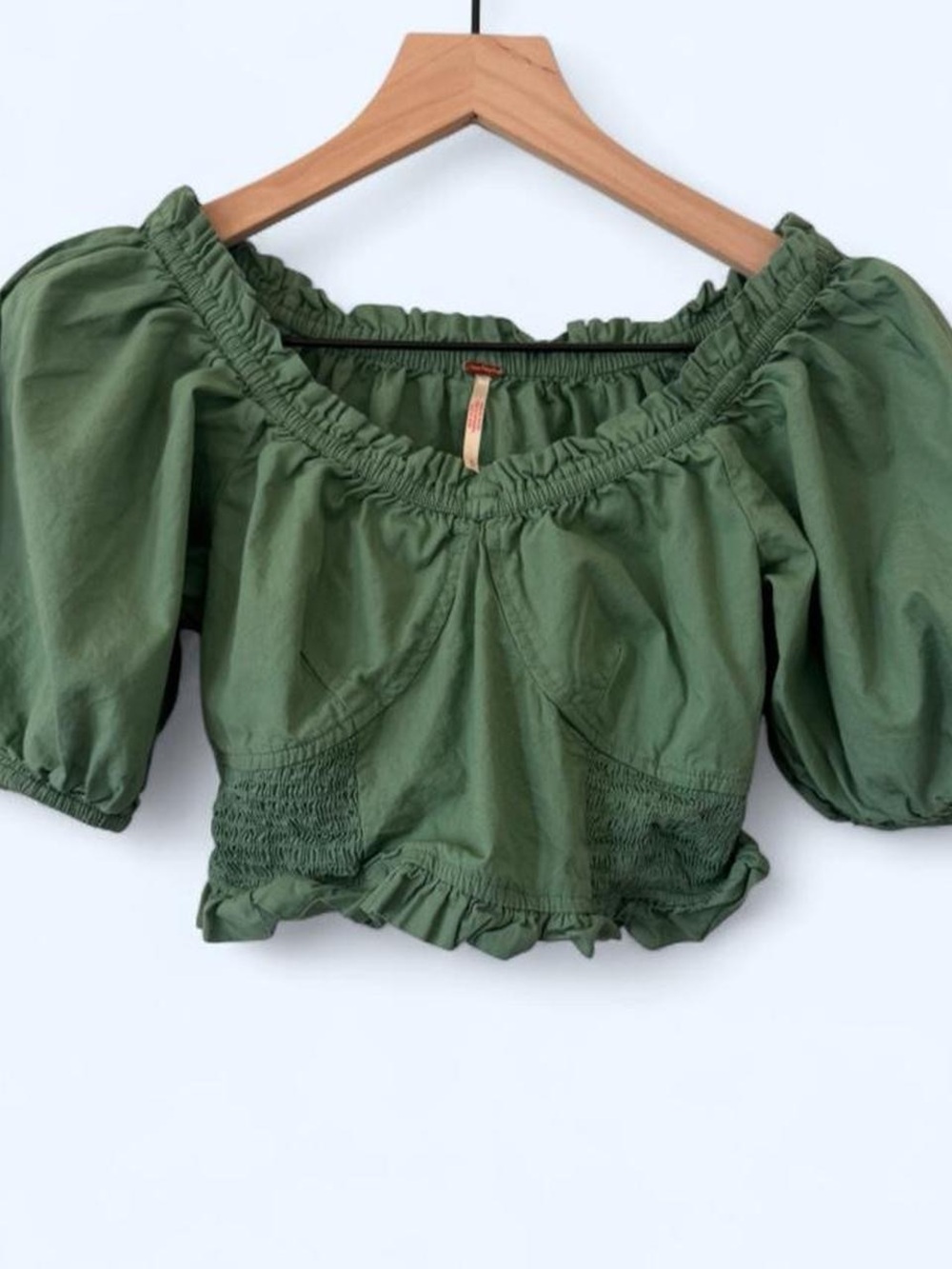 Free People - Light Olive Green Puff Sleeve Crop Top